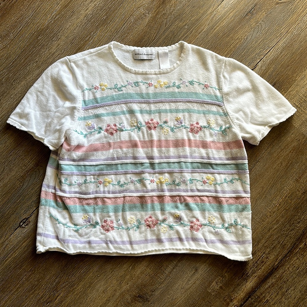 🌸 Vintage Alfred Dunner XL Floral Embroidered Pastel Knit Top Granny Chic